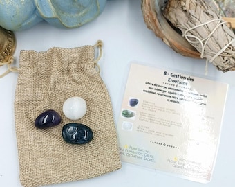 Care kit 8: Emotion management (natural stones, lithotherapy, rolled stones, amethyst, moss agate, selenite, gift)
