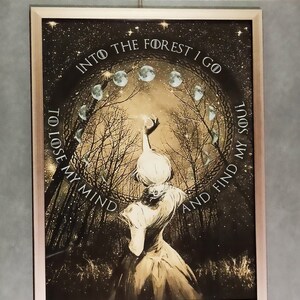 May include: Framed art print featuring a woman reaching towards a glowing light in a forest. The artwork includes a moon phase design and the text "Into the forest I go to lose my mind and find my soul."