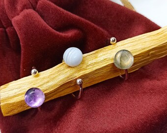 Délicate bague ouverte réglable acier inoxydable et sa pierre naturelle au choix ( labradorite, agate bleue, améthyste .. bijou, gemme )