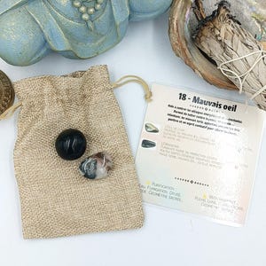 Care pouch 18: Evil eye (natural stone, lithotherapy, rolled stones, cat&#39;s eye, obsidian, gift idea)