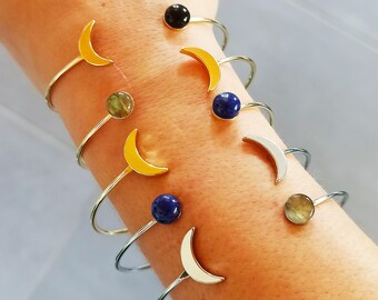 Délicat bracelet Lunaire ( jonc réglable, pierres naturelles, de lune, onyx, labradorite, turquoise, cornaline, howlite, lapis-lazuli )