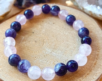 Bracelet in natural stone, amethyst and pink quartz (8 mm beads, purple, pink, love, confidence, serenity, harmony, anti-stress)
