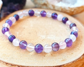 Bracelet in natural stone, amethyst and pink quartz (6 mm beads, purple, pink, love, confidence, serenity, harmony, anti-stress)