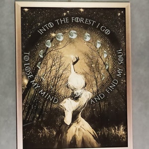 May include: A framed art print with a rose gold border. The artwork depicts a woman in a dress reaching towards a light source within a forest scene. The text reads "Into the forest I go to lose my mind and find my soul."