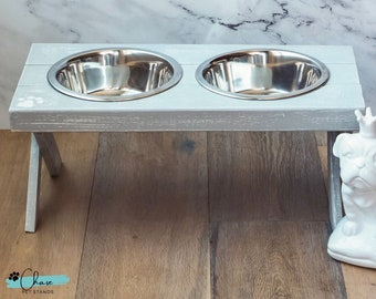 Made To Order White Distressed Base Large Dog Feeding Station Farmhouse style Elevated Dog Feeder English Chestnut 3 Bowls
