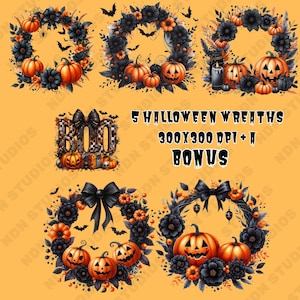 Halloween Wreaths with pumpkins, black and orange flowers, black bows, candles  - 5 png + a bonus png