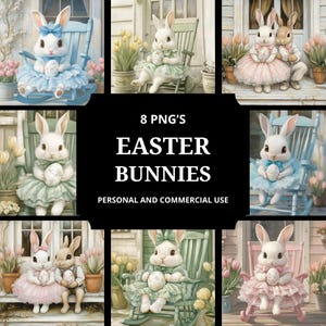 8 PNG de conejito de Pascua, PNG de Pascua/Clipart de conejito lindo/ PNG de conejito ilustrado/Guardería de conejito/Conejo de Pascua, Clipart de conejo/Conejito de primavera