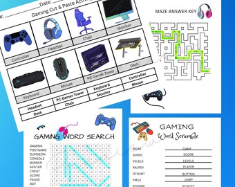 Fun Gaming Game Bundle with Gaming Crossword Puzzle, Word Scramble, Word Search, Maze Puzzle, Cut & Paste, cut and paste kindergarten/1st