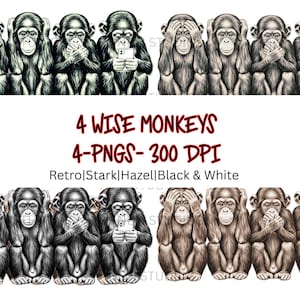 Puede incluir: Impresión digital de cuatro monos en la pose 'No ver el mal, no oír el mal, no hablar el mal', uno de ellos con un smartphone. El texto dice '4 WISE MONKEYS 4-PNGS-300 DPI'. La imagen es en blanco y negro.