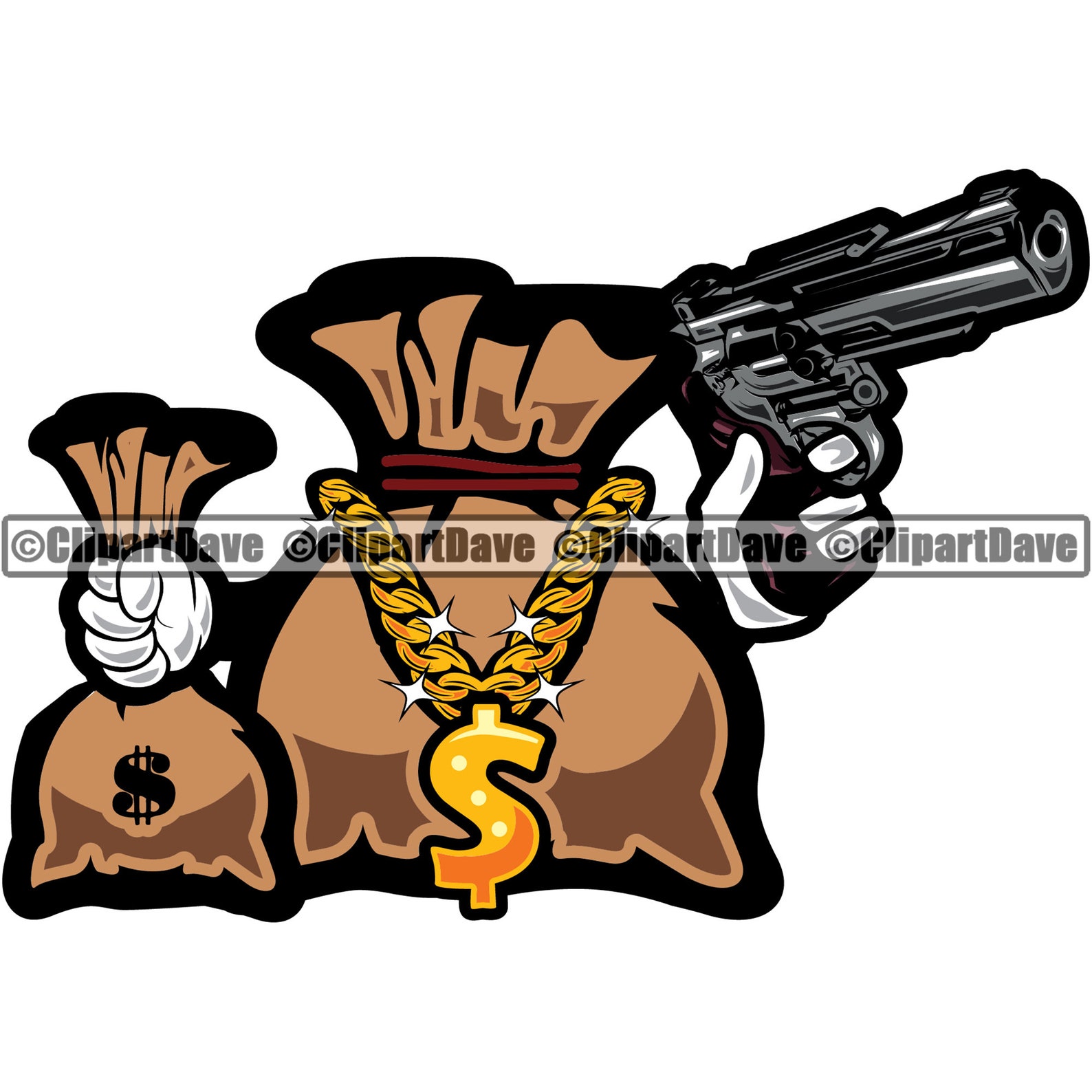 Money Bag Cartoon Character Hold Cash Gun SVG Design Gangster Etsy