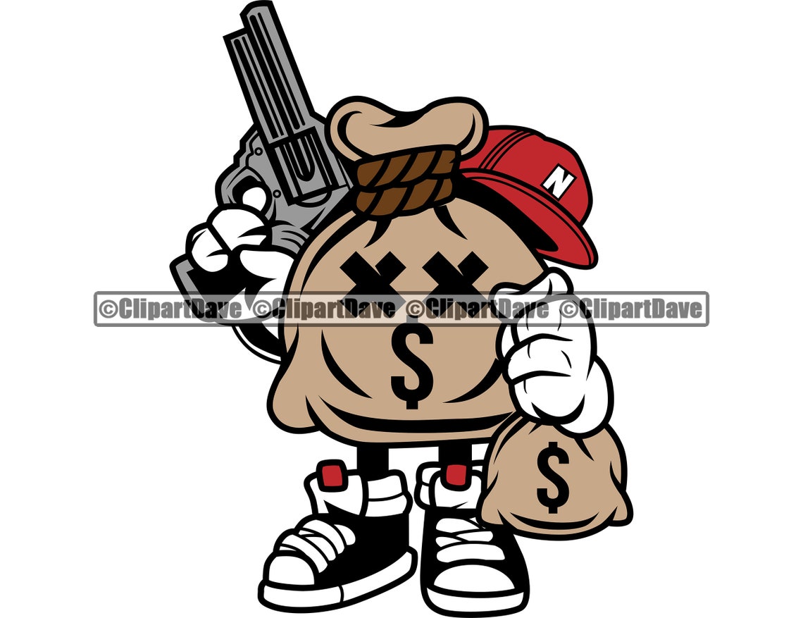 Money Bag Cartoon Character Hold Cash Gun SVG Design Gangster Etsy