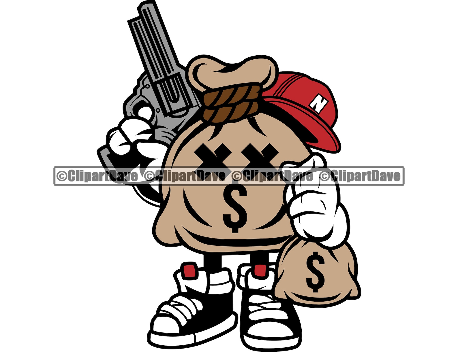 Money Bag Cartoon Character Hold Cash Gun SVG Design Gangster Etsy