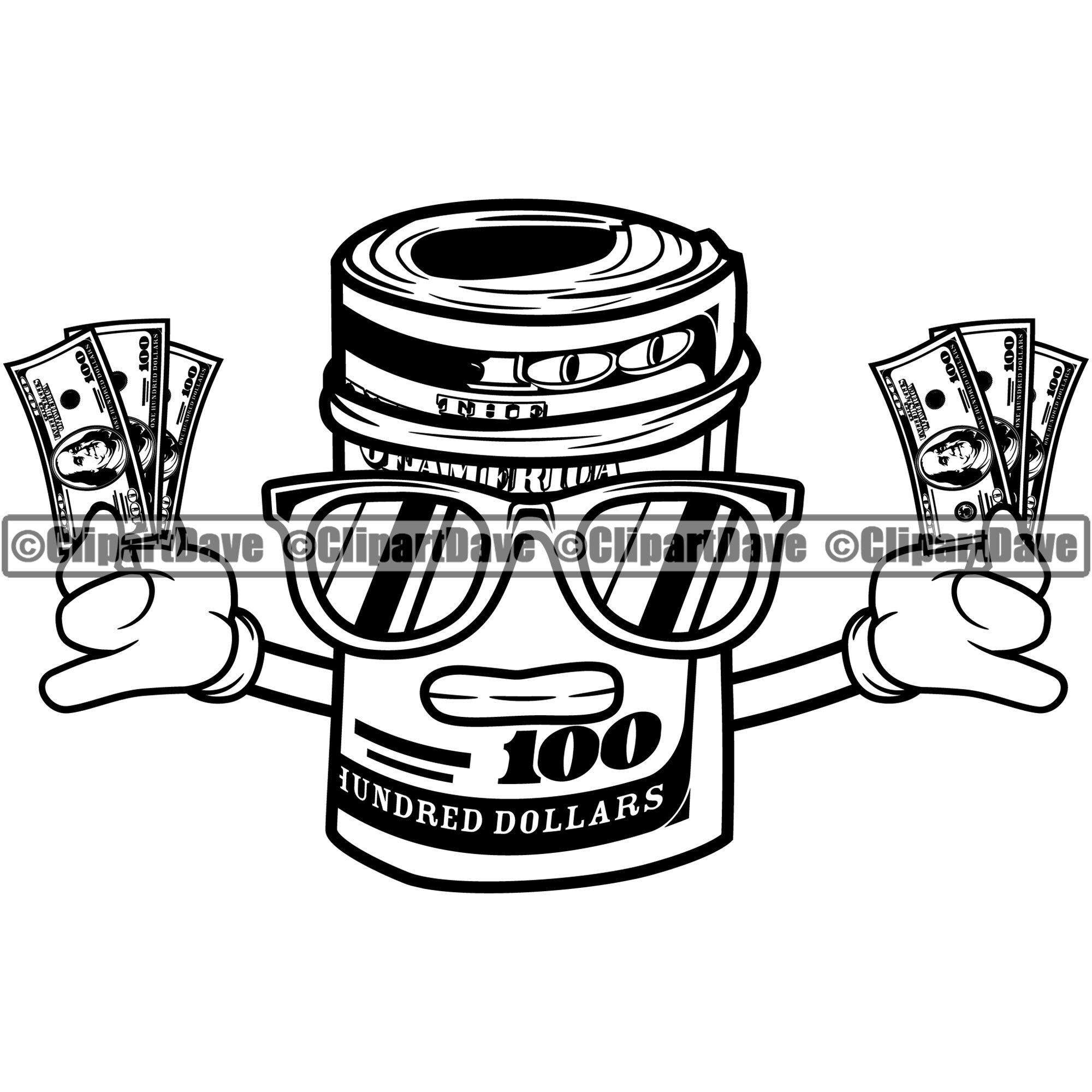 Money Roll Cartoon Character Holding 100 Dollar Bills SVG | Etsy
