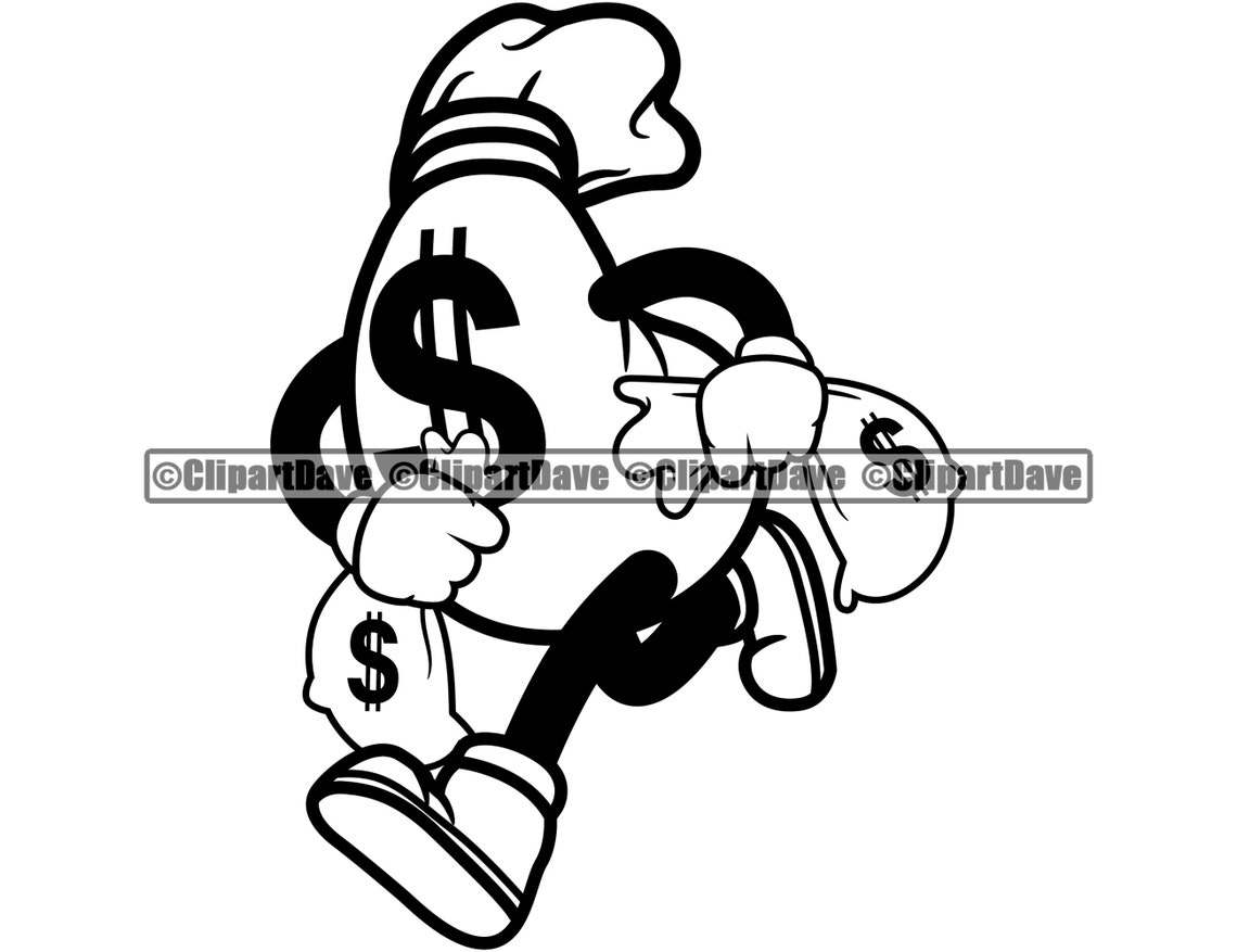 Money Bag Cartoon Character Running Money Hustling Cash SVG Etsy