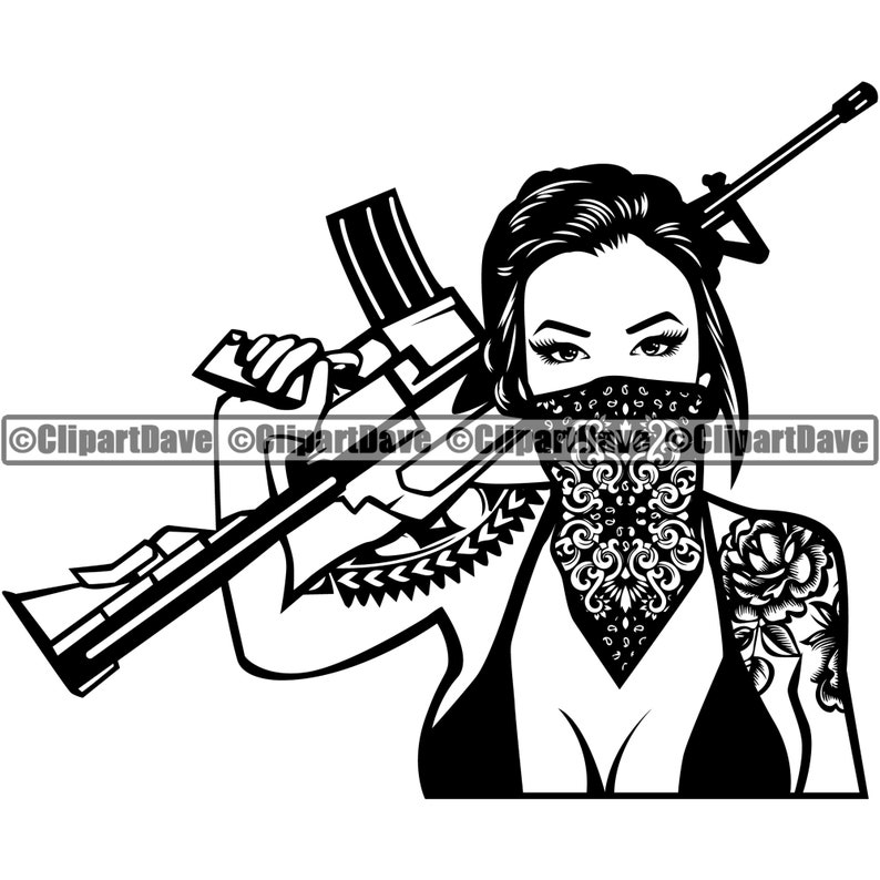 Gangster Woman Tattoo Gun Bandanna Face Mask SVG Design Female | Etsy
