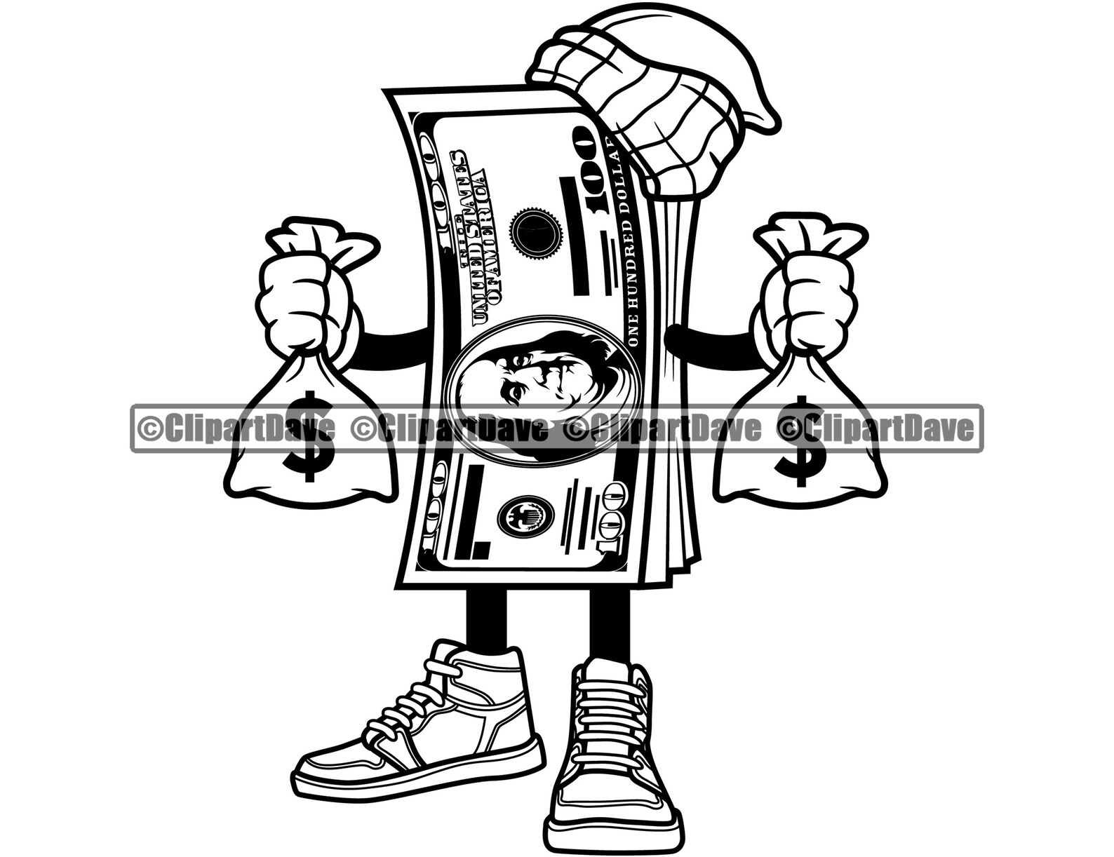 100 Dollar Bill Cartoon Character Holding Money Bag SVG Design | Etsy