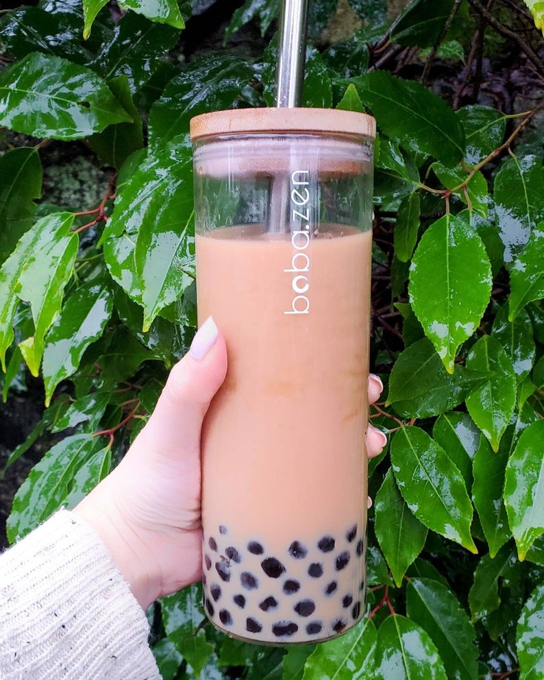 Reusable Glass Bubble Tea Cup W/stainless Steel Straw Etsy