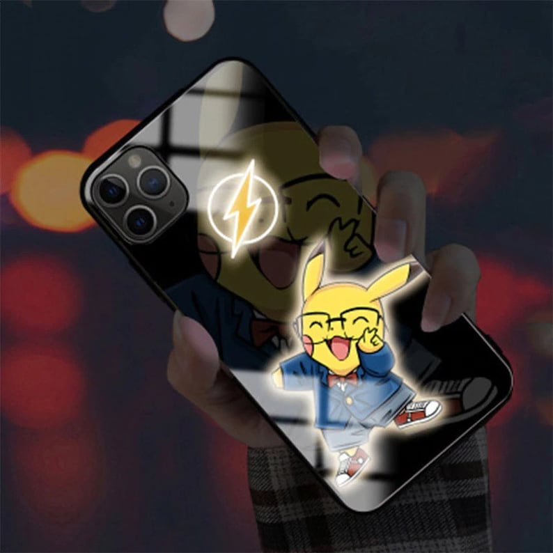 Pikachu Pokemon Tempred Glass LED Flash Call Light Case For iPhone 12 Pro Max 11 iPhone Pro Max Xs Max Xs Xr X 8 7 Plus Anime Cartoon Case