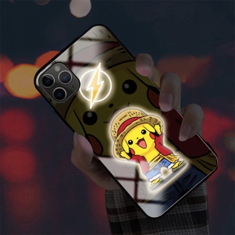 Pikachu Pokemon Tempred Glass LED Flash Call Light Case For iPhone 12 Pro Max 11 iPhone Pro Max Xs Max Xs Xr X 8 7 Plus Anime Cartoon Case