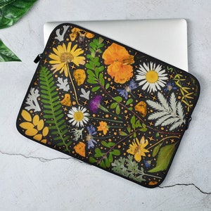 Laptop Sleeve / Premium Neoprene Black Cosmic Witchy Handpicked Native Wildflowers & Plants Collage Unique Collage / Soft Faux-Fur Interior