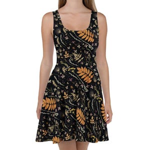 Black Witchy Skater Dress with Native Pressed Wildflower Print