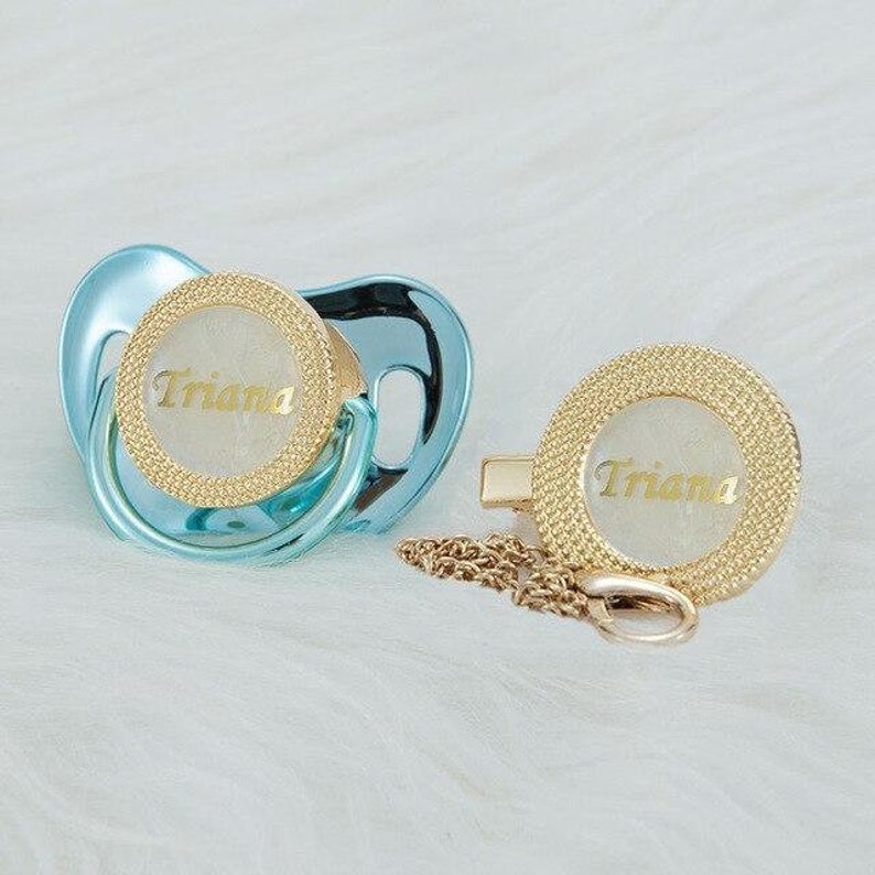 Personalized pacifier with pacifier clip unique baby gift baby shower gift christening gift pearl and gold metallic