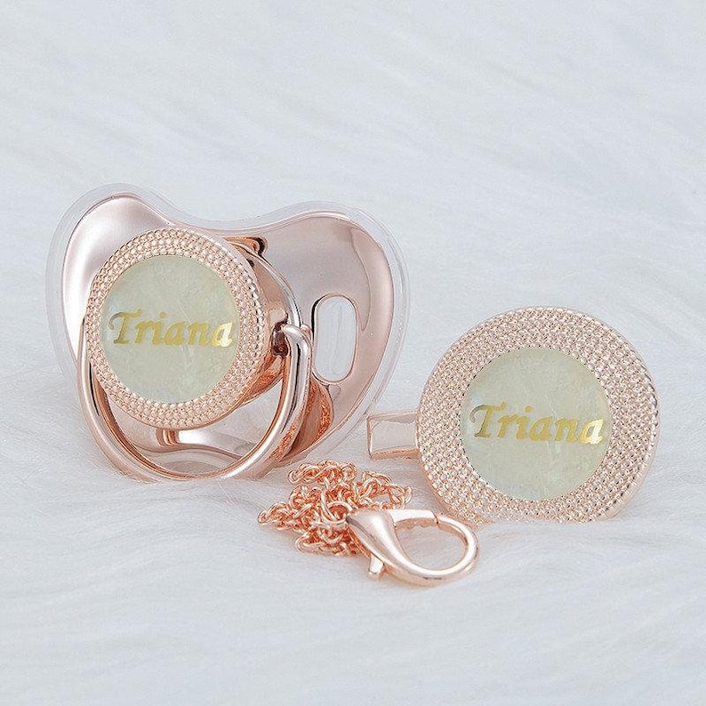 Personalized pacifier with pacifier clip unique baby gift baby shower gift christening gift pearl and gold metallic