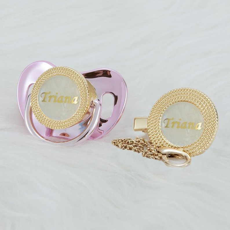 Personalized pacifier with pacifier clip unique baby gift baby shower gift christening gift pearl and gold metallic