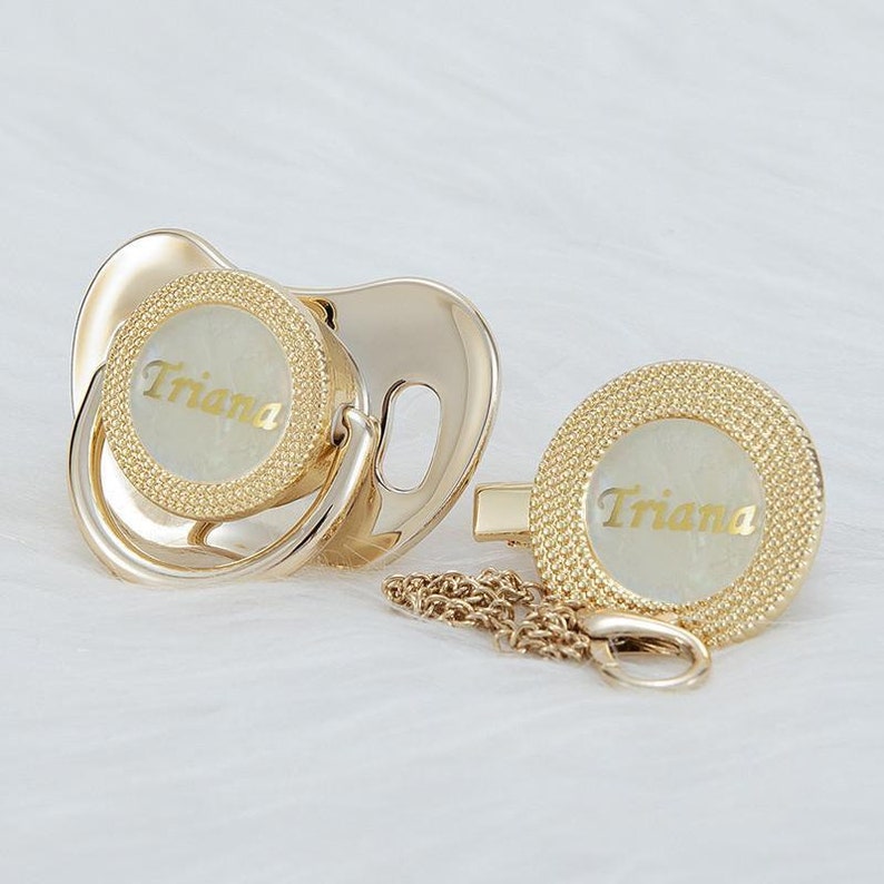 Personalized pacifier with pacifier clip unique baby gift baby shower gift christening gift pearl and gold metallic
