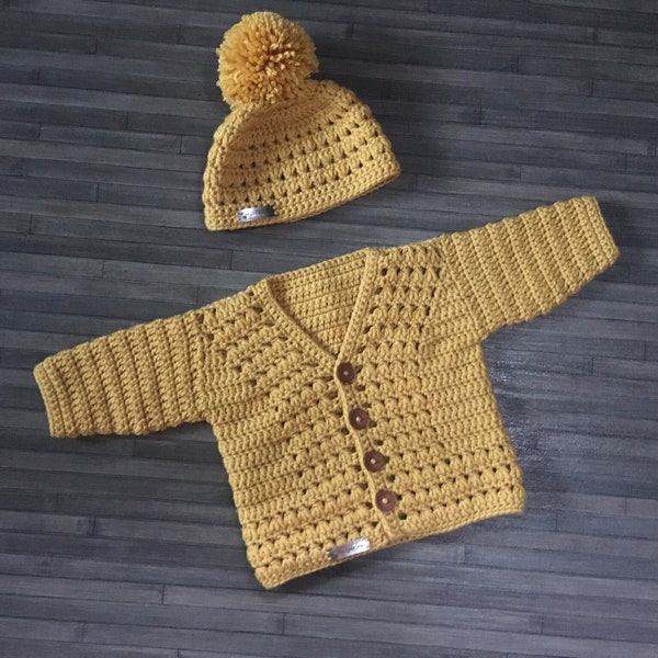 CROCHET PATTERN Baby Cardigan to Child Cardigan - Sam - Sweater and Hat Set Newborn to 10 Years DK/8 Ply  (051S)