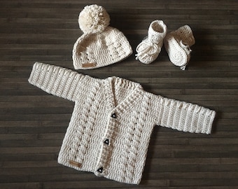 CROCHET PATTERN - Carter - Crochet Cardigan Hat and Booties Set in 4 sizes Newborn - 2 Years DK/8 Ply (010S)