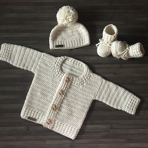 Crochet PATTERN - Grayson Baby Cardigan Sweater, Hat and Booties Set 4 Sizes Newborn to 2 Years Dk 8 Ply ENGLISH ONLY