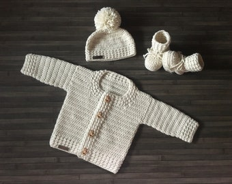 CROCHET PATTERN - Grayson Baby Cardigan Hat and Booties Set 4 Sizes Newborn to 2 Years DK/8 Ply (023S)