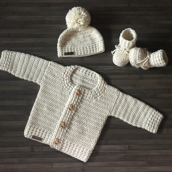 CROCHET PATTERN - Grayson Baby Cardigan Hat and Booties Set 4 Sizes Newborn to 2 Years DK/8 Ply (023S)