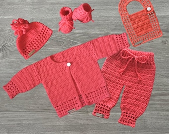 Crochet Pattern - Coral Crochet Baby Outfit - Cardigan Sweater 0-3Y, Hat 0-10Y, Booties, Pants NB-2Y, Bib, Baby Clothes Pattern, DK 8 Ply