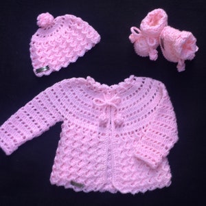 Crochet PATTERN - Luna Baby Cardigan Hat and Booties Set Newborn to 3 Months DK/8 Ply