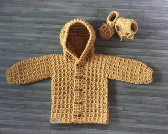 Crochet Baby Sweater Hoodie and Booties Set - Mason - 3 Sizes Newborn to 1 Year Aran 10 Ply Crochet Pattern (039)