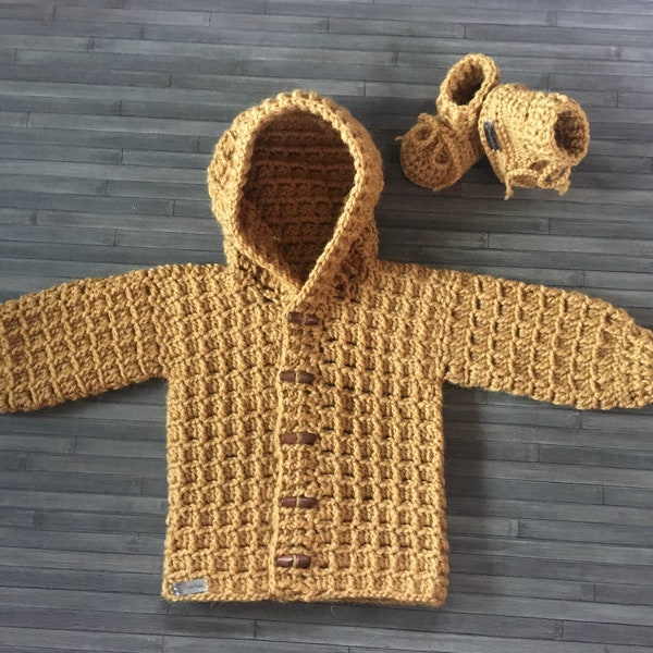 Crochet Baby Sweater Hoodie and Booties Set - Mason - 3 Sizes Newborn to 1 Year Aran 10 Ply Crochet Pattern (039)