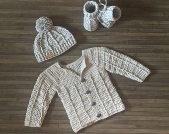 Crochet Pattern - Stirling Crochet Baby Cardigan Hat Booties Set Pattern (0–3 Months), Baby Sweater Set Crochet Pattern, DK 8 Ply