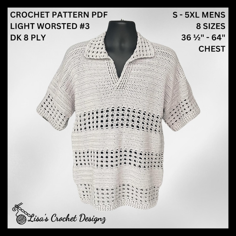 May include: A light beige crochet shirt with a V-neck collar and short sleeves. The shirt features a textured design with openwork detailing across the chest. The pattern is available in sizes S-5XL, with chest measurements from 36 1/2" to 64". The text "CROCHET PATTERN PDF" is visible.