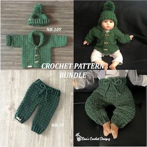 CROCHET PATTERN BUNDLE - Rocky - 2 Crochet Patterns - Baby Sweater Cardigan and Hat Set to 10 Years and Crochet Baby Pants to 2 Years