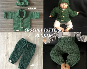 CROCHET PATTERN BUNDLE - Rocky - 2 Crochet Patterns - Baby Sweater Cardigan and Hat Set to 10 Years and Crochet Baby Pants to 2 Years