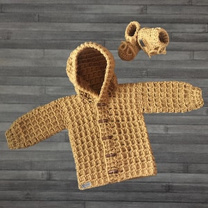 Crochet Baby Sweater Hoodie and Booties Set - Mason - 3 Sizes Newborn to 1 Year Aran 10 Ply Crochet Pattern