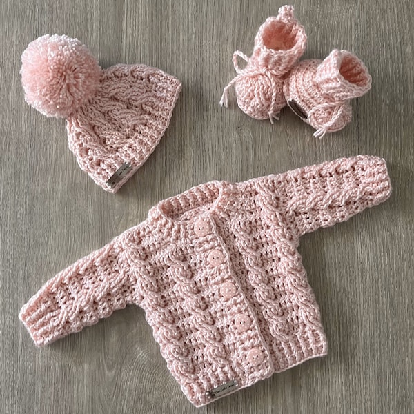 CROCHET PATTERN - Lola - Newborn Crochet Baby Cardigan Hat and Booties Set in size Newborn DK/8 Ply