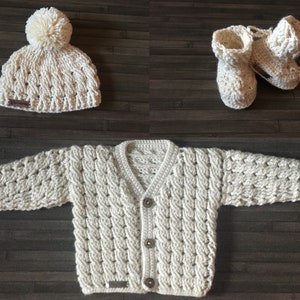 CROCHET PATTERN - Caleb - Crochet Baby Cardigan Hat and Booties Set in 3 sizes 0-3 Months to 2 Years DK/8 Ply (018S)