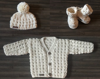 CROCHET PATTERN - Caleb - Crochet Baby Cardigan Hat and Booties Set in 3 sizes 0-3 Months to 2 Years DK/8 Ply (018S)