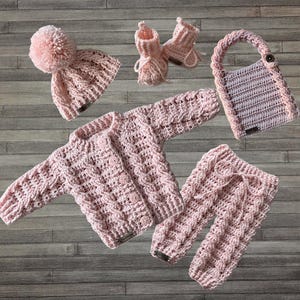 Crochet Pattern - Lola Set - Newborn Crochet Baby Cardigan, Hat to 10 Years,  Booties, Baby Pants to 2 Years + Bib. ENGLISH ONLY. Baby Gifts