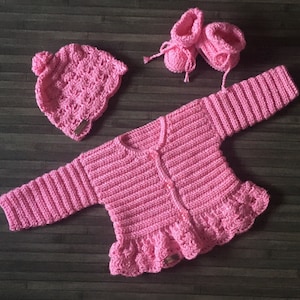 Crochet PATTERN - Emma Baby Cardigan with Peplum, Hat and Booties Set Newborn to 3 Months Dk 8 Ply ENGLISH ONLY