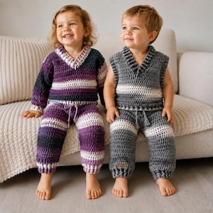 May include: Two children wearing matching crochet sets. One child wears a long-sleeved V-neck sweater and pants in purple, white, and dark gray stripes. The other child wears a sleeveless V-neck vest and pants in gray, white, and dark gray stripes.