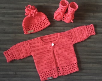 CROCHET PATTERN - Coral - Crochet Baby Cardigan Hat and Booties Set in 4 sizes Newborn to 2 Years DK 8 Ply (004S)